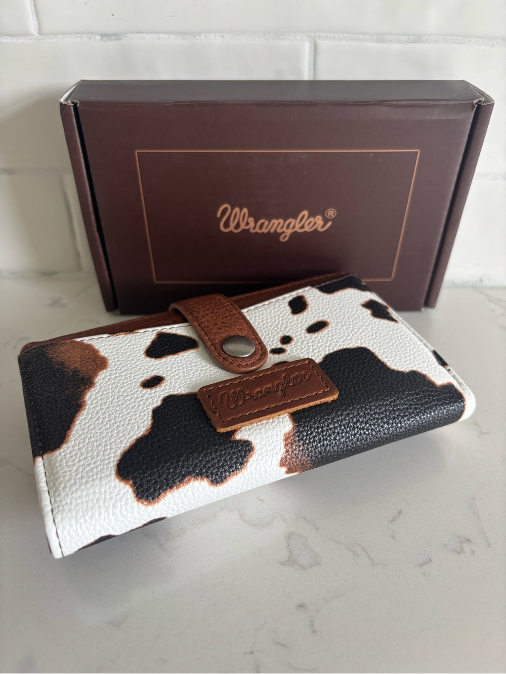Wrangler Brown Black White Cowhide-Print Wallet